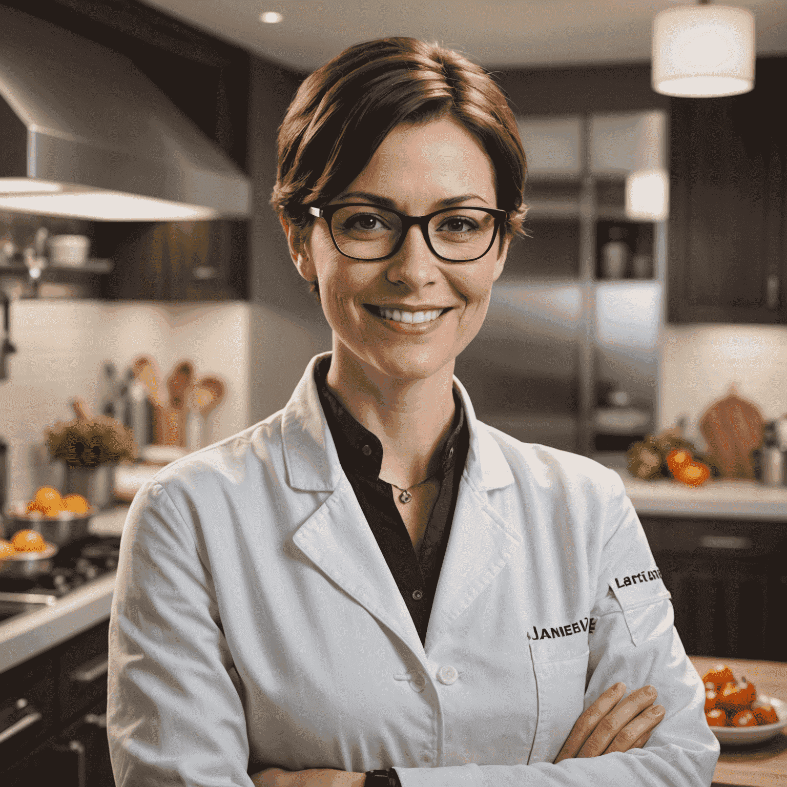 Portrait of Jane Doe, a woman in her 30s with short brown hair and glasses, smiling at the camera. She's wearing a chef's jacket and standing in a modern kitchen.