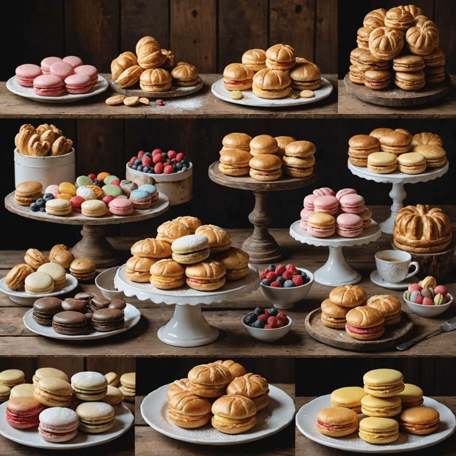 A collage of various freshly baked goods including artisanal breads, colorful macarons, decorated cakes, and flaky croissants displayed in a rustic bakery setting