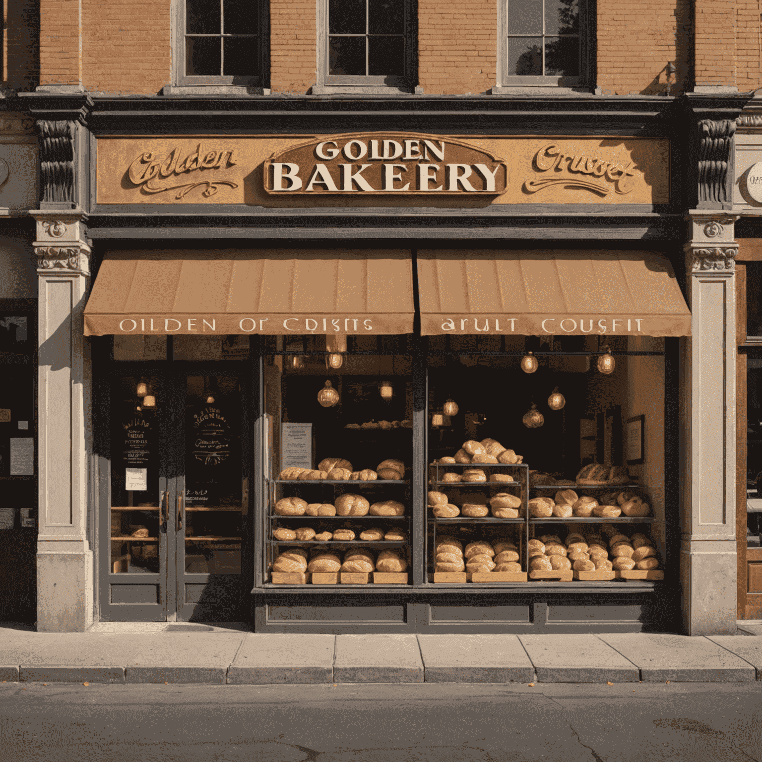 The Golden Crust bakery storefront with large windows displaying an array of freshly baked bread and pastries. A warm, inviting atmosphere with wooden accents and a vintage sign.