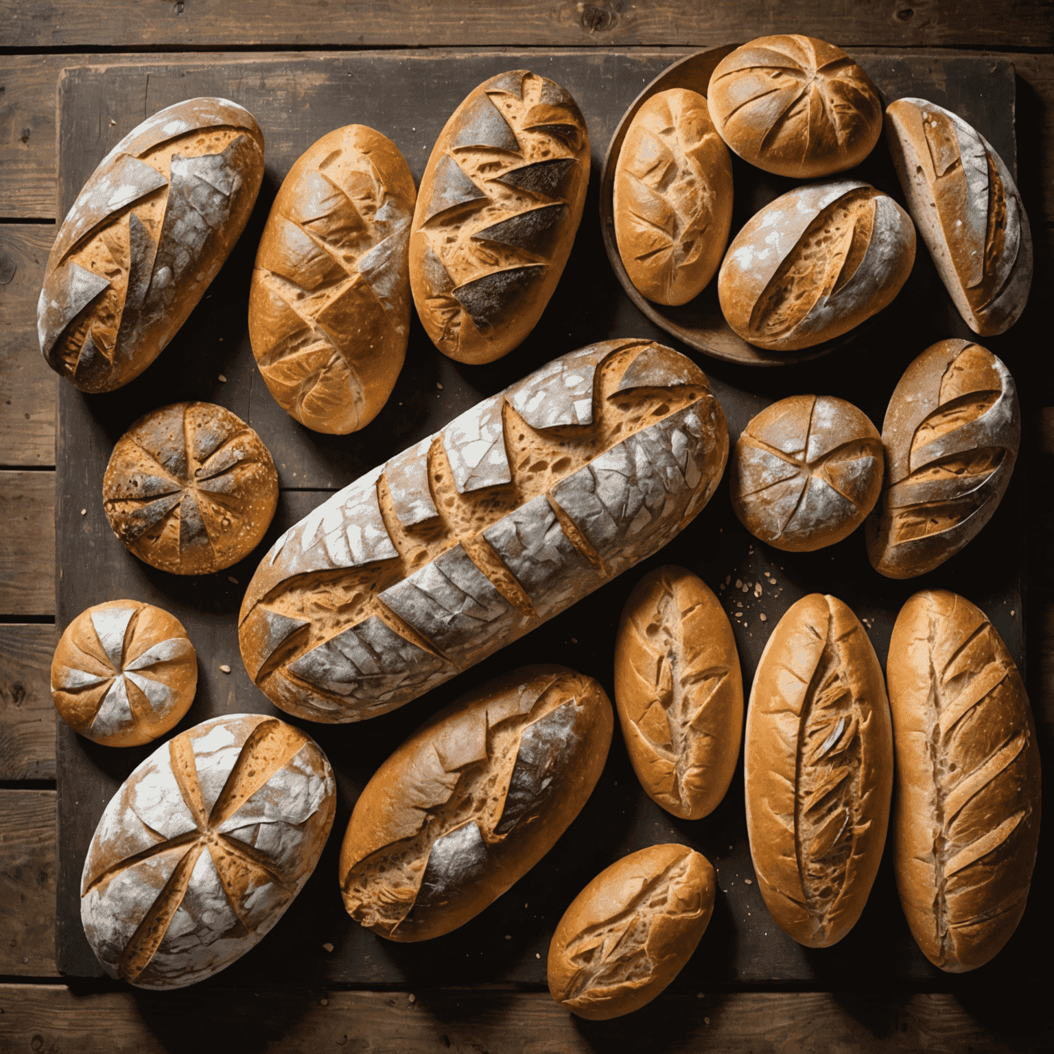 A variety of freshly baked artisanal breads displayed on a rustic wooden table, including sourdough, baguettes, and whole grain loaves