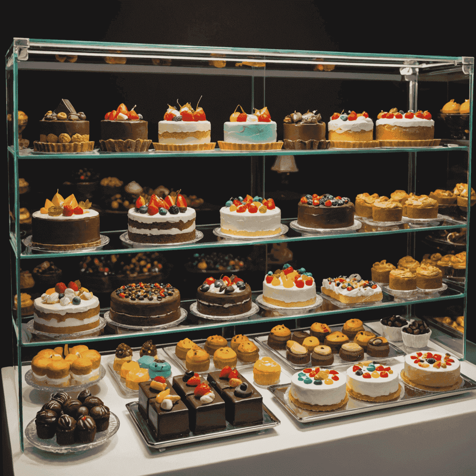 A display case filled with an assortment of colorful and beautifully decorated desserts, including cakes, pastries, and chocolates