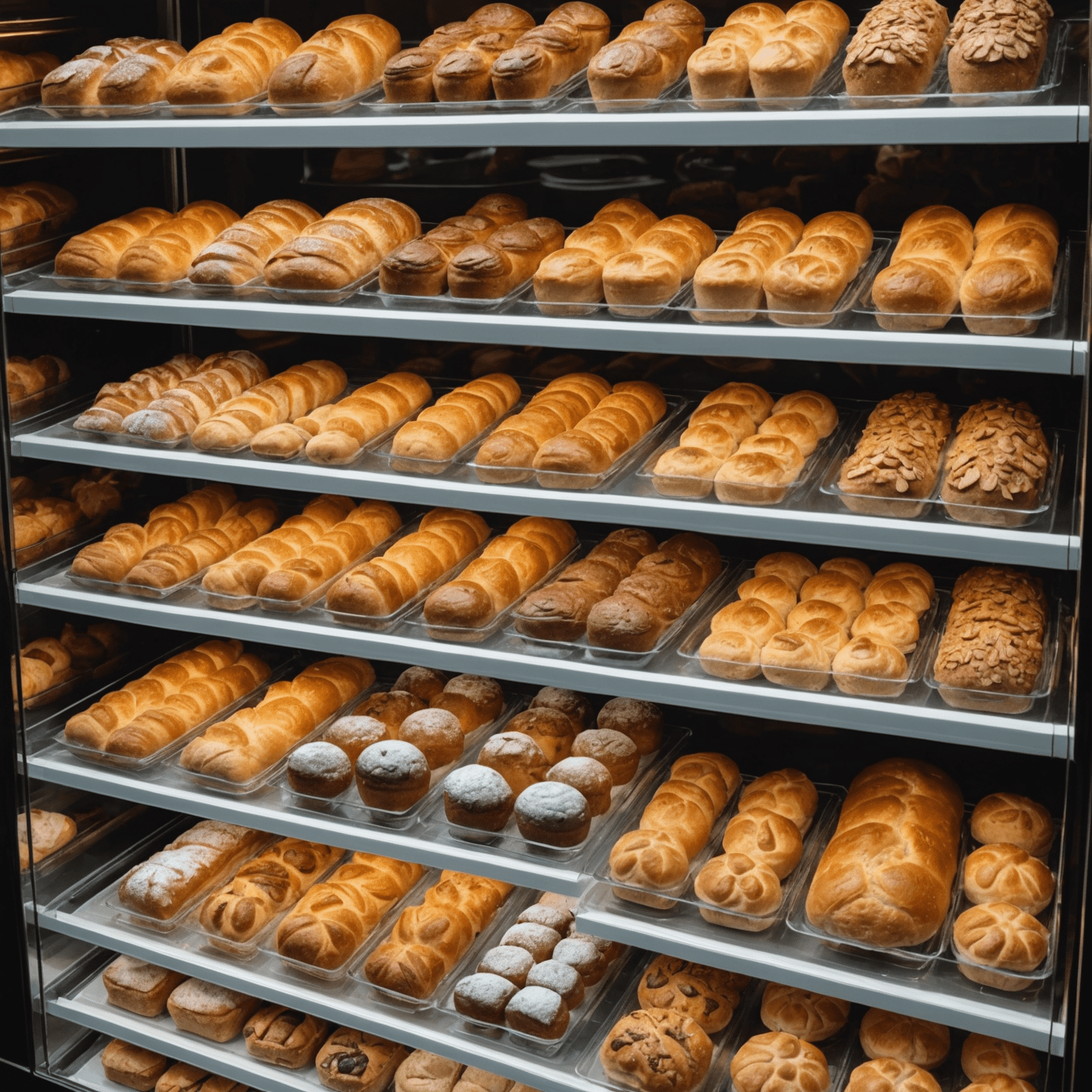 A display case filled with various gluten-free pastries, cakes, and bread loaves. The pastries are colorful and appetizing, showcasing that gluten-free can be just as delicious as traditional baked goods.