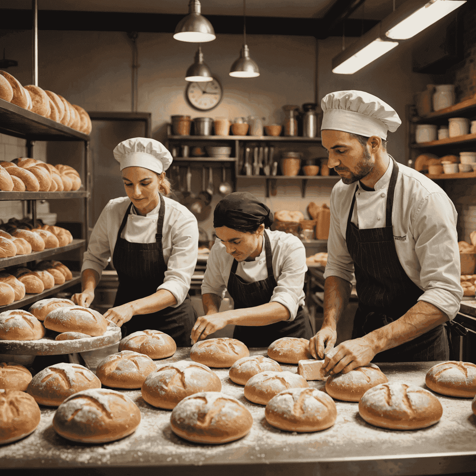 A bustling bakery kitchen with bakers kneading dough and arranging freshly baked goods