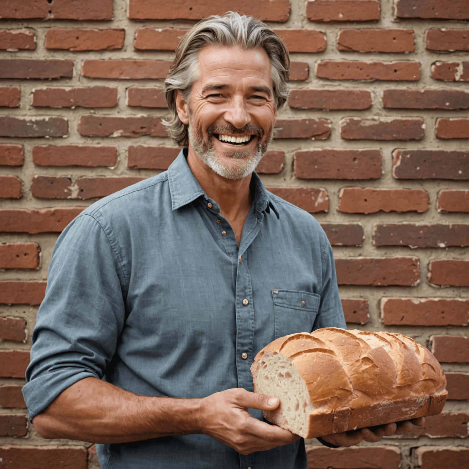 Portrait of John Smith, a man in his 40s with salt and pepper hair, laughing while holding a freshly baked loaf of bread. He's wearing a casual button-up shirt and standing in front of a rustic brick wall.