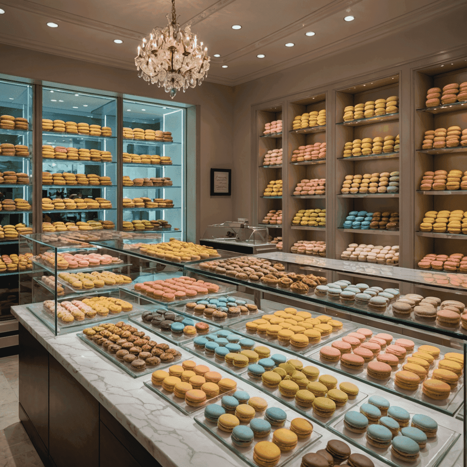 Interior of Sweet Delights Patisserie showcasing elegant glass display cases filled with colorful macarons, intricately decorated cakes, and delicate pastries. Soft lighting and marble countertops create a luxurious atmosphere.