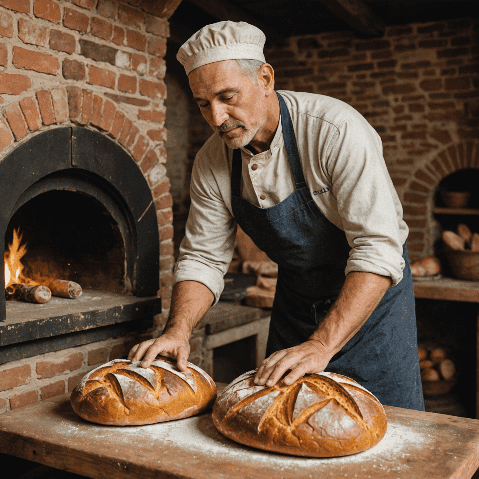 A baker scoring a loaf of artisanal bread before putting it in a wood-fired oven