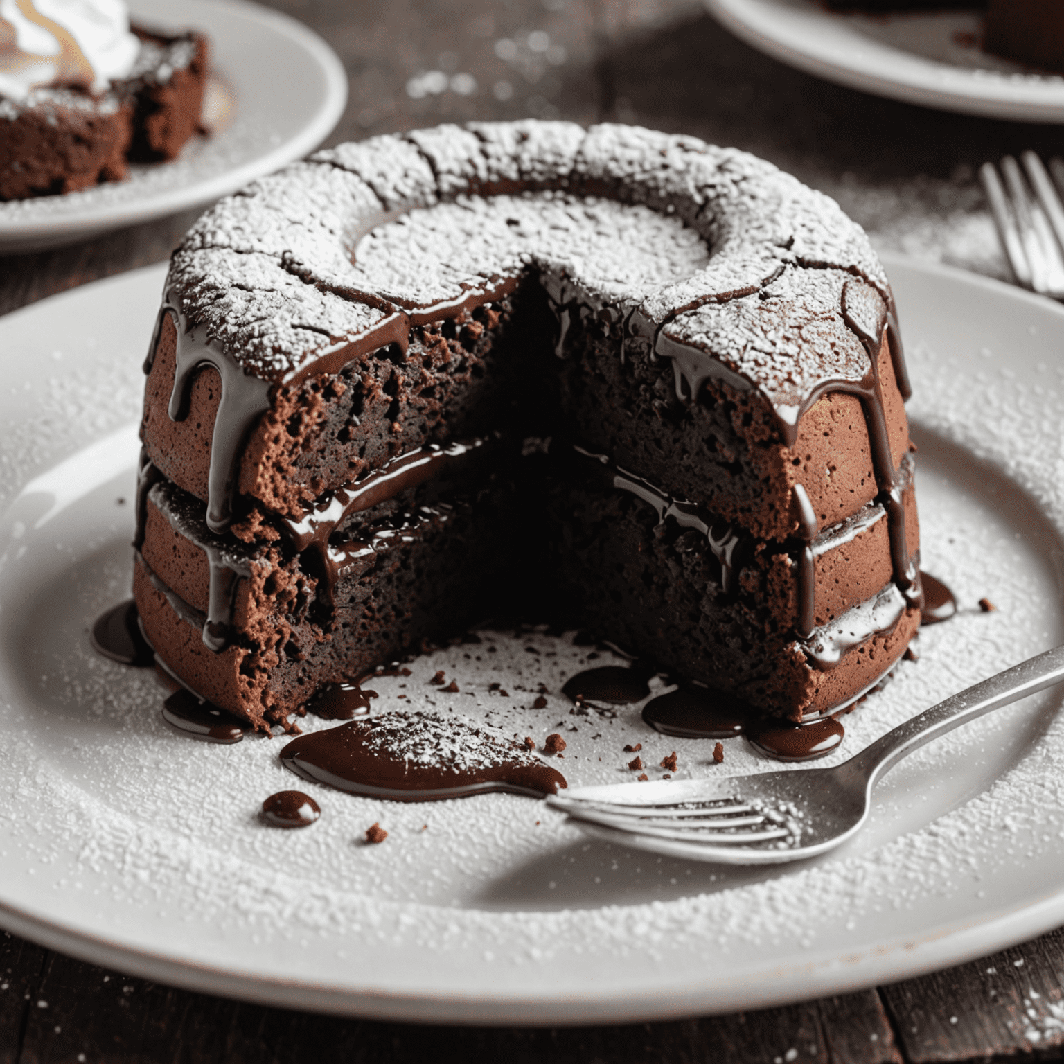 A slice of chocolate lava cake with a gooey center, served on a white plate with a dusting of powdered sugar