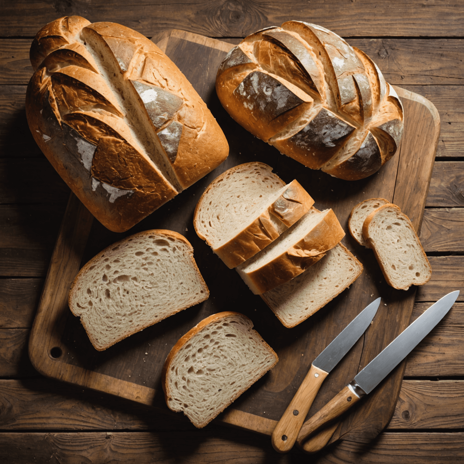 A rustic wooden table with various gluten-free bread loaves. The loaves are sliced to show the perfect texture inside, ranging from white to whole grain varieties.