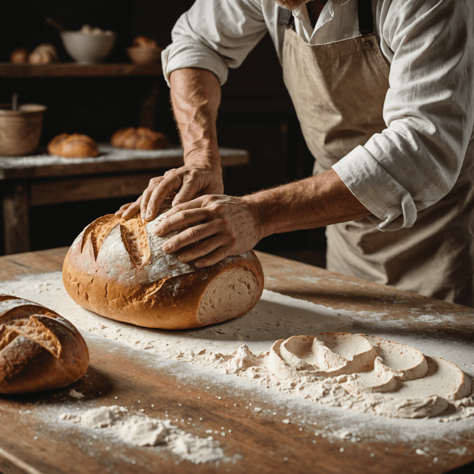 Baker shaping a loaf of artisanal bread on a floured surface