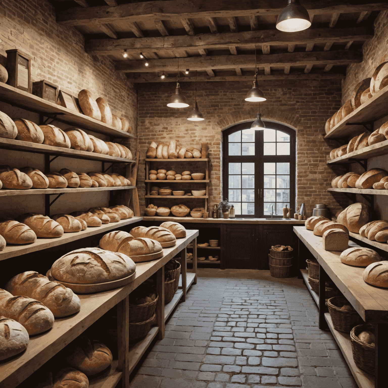 Rustic Loaf Bakehouse interior with exposed brick walls, wooden beams, and a large open kitchen where bakers can be seen kneading dough and shaping loaves. Shelves lined with various types of artisanal bread.