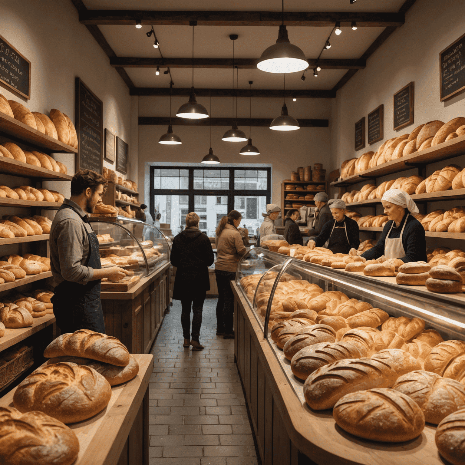 A bustling artisanal bakery interior with customers browsing a wide selection of freshly baked breads