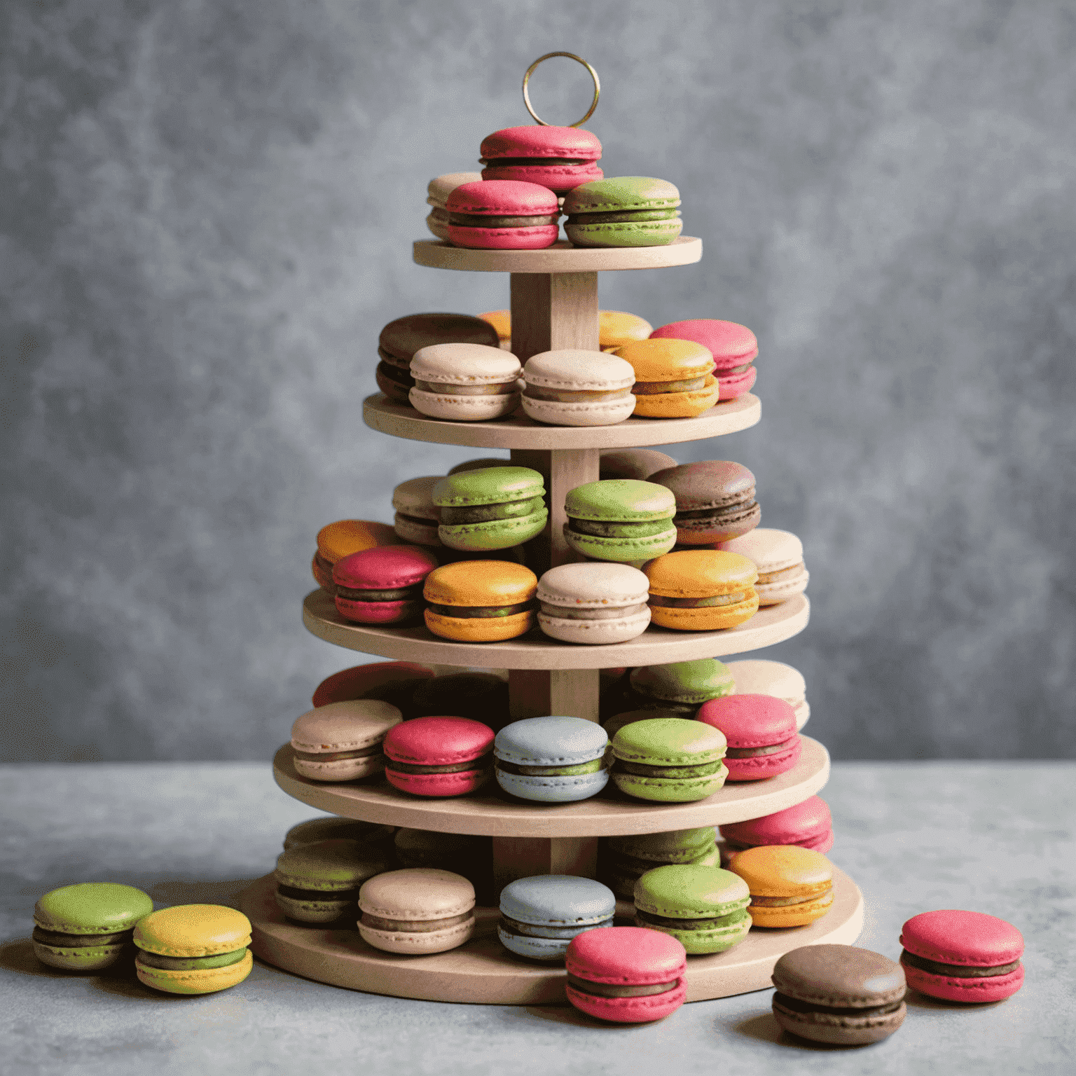 A variety of colorful macarons arranged on a tiered display stand, with flavors ranging from pistachio to raspberry