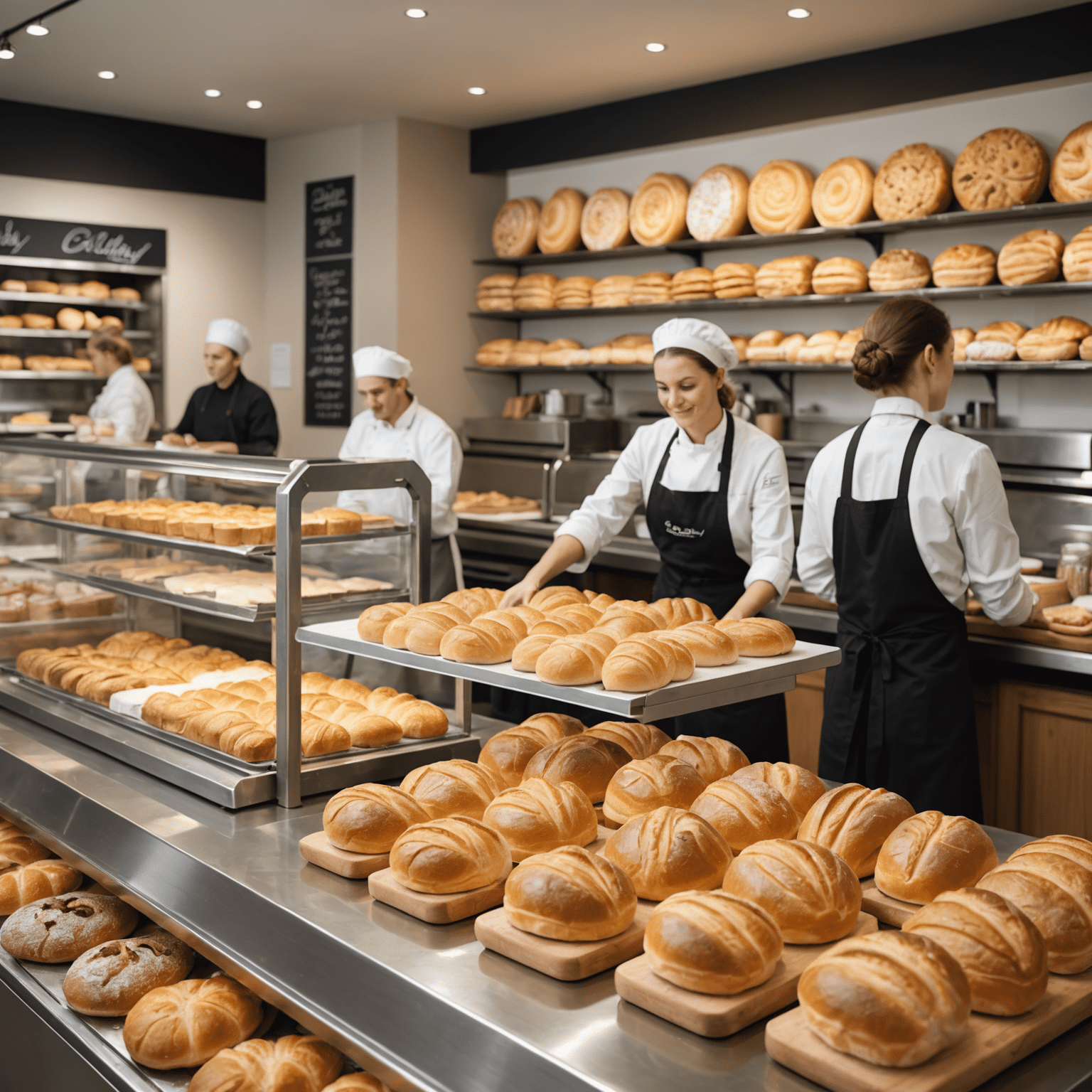 Busy bakery counter with customers being served fresh sandwiches and pastries