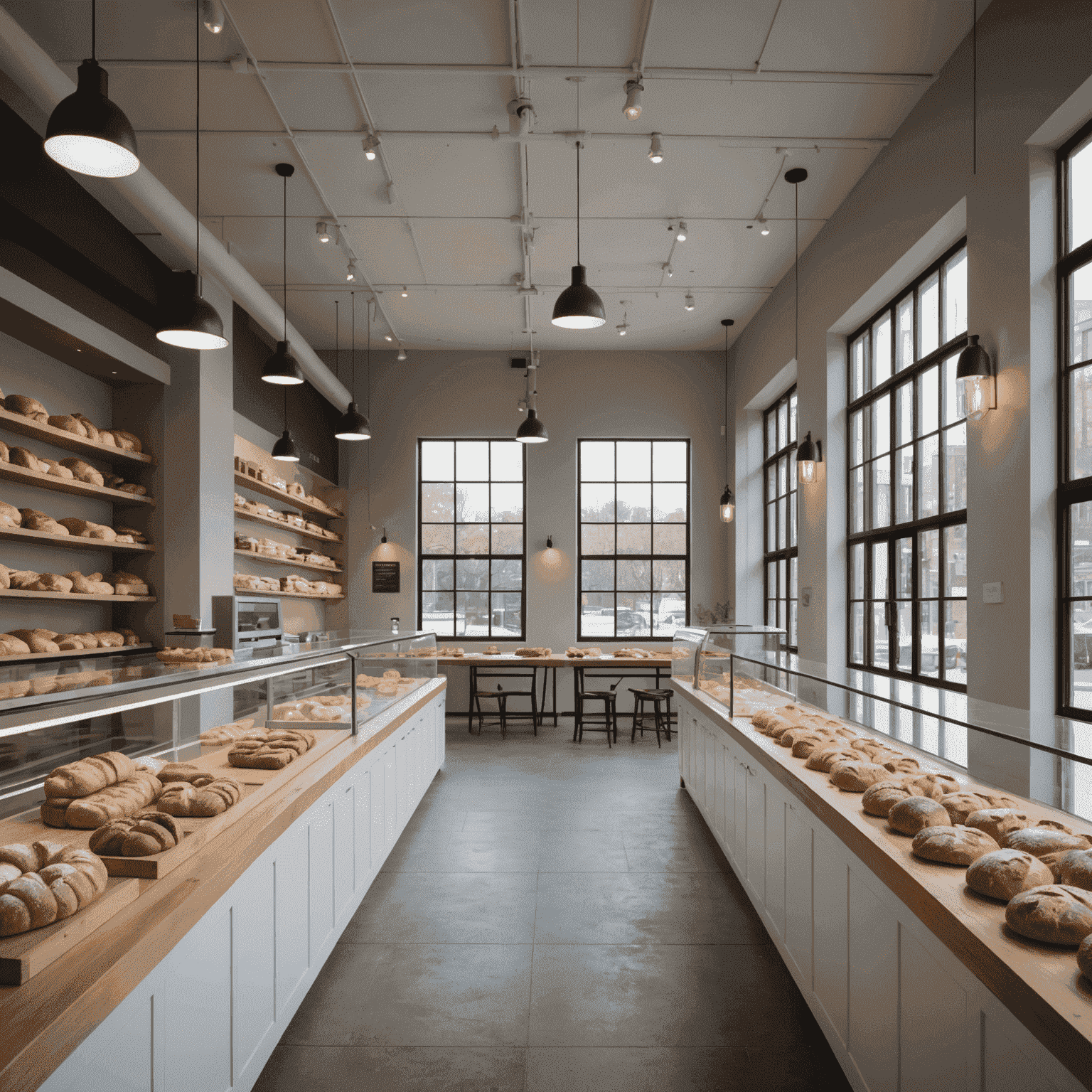 The Flour Mill's minimalist, modern interior featuring a long counter displaying an assortment of freshly baked goods. Large windows allow natural light to illuminate the space, highlighting the texture of various breads and pastries.