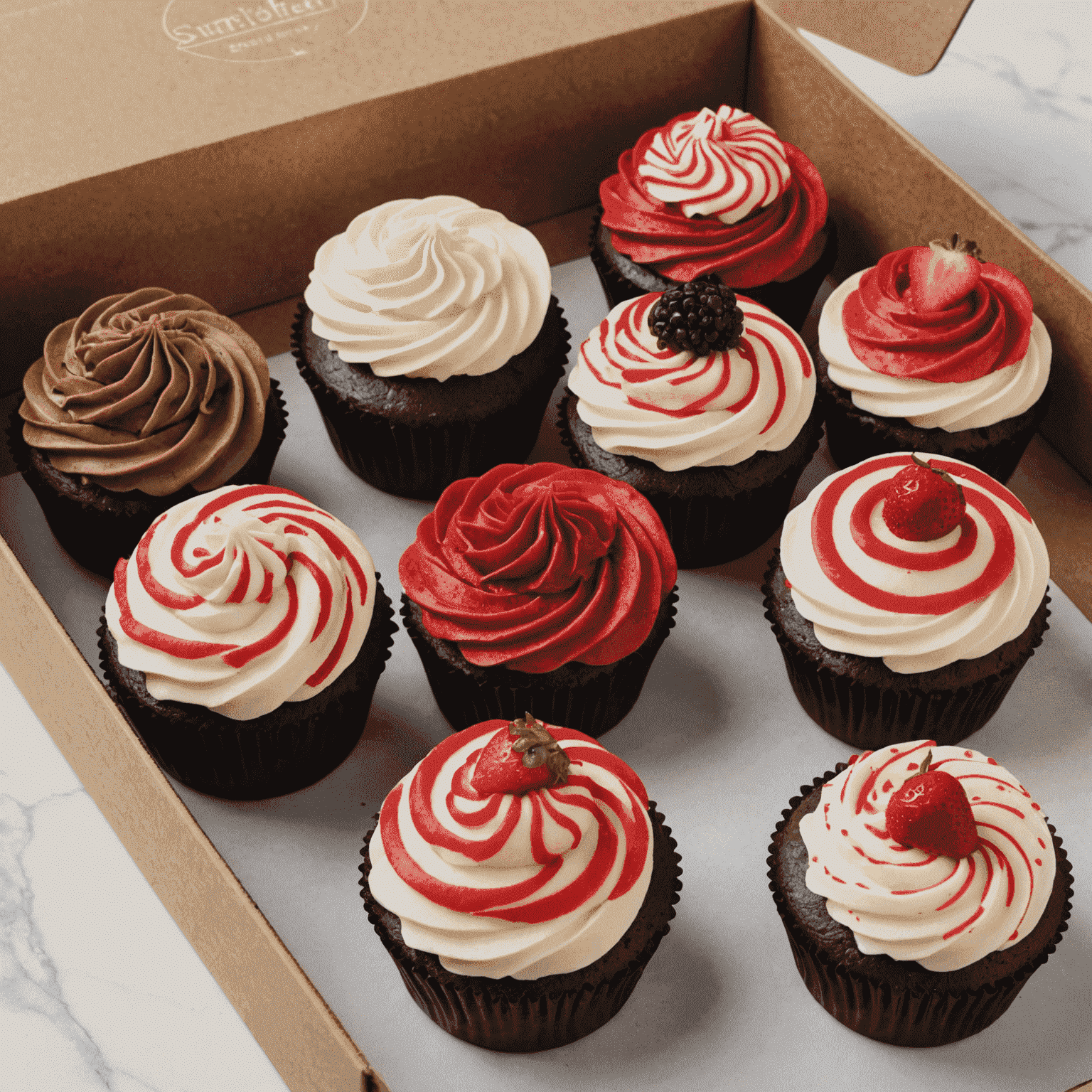 A dozen assorted cupcakes in a box, featuring flavors like red velvet, chocolate, vanilla, and strawberry, each topped with swirled frosting