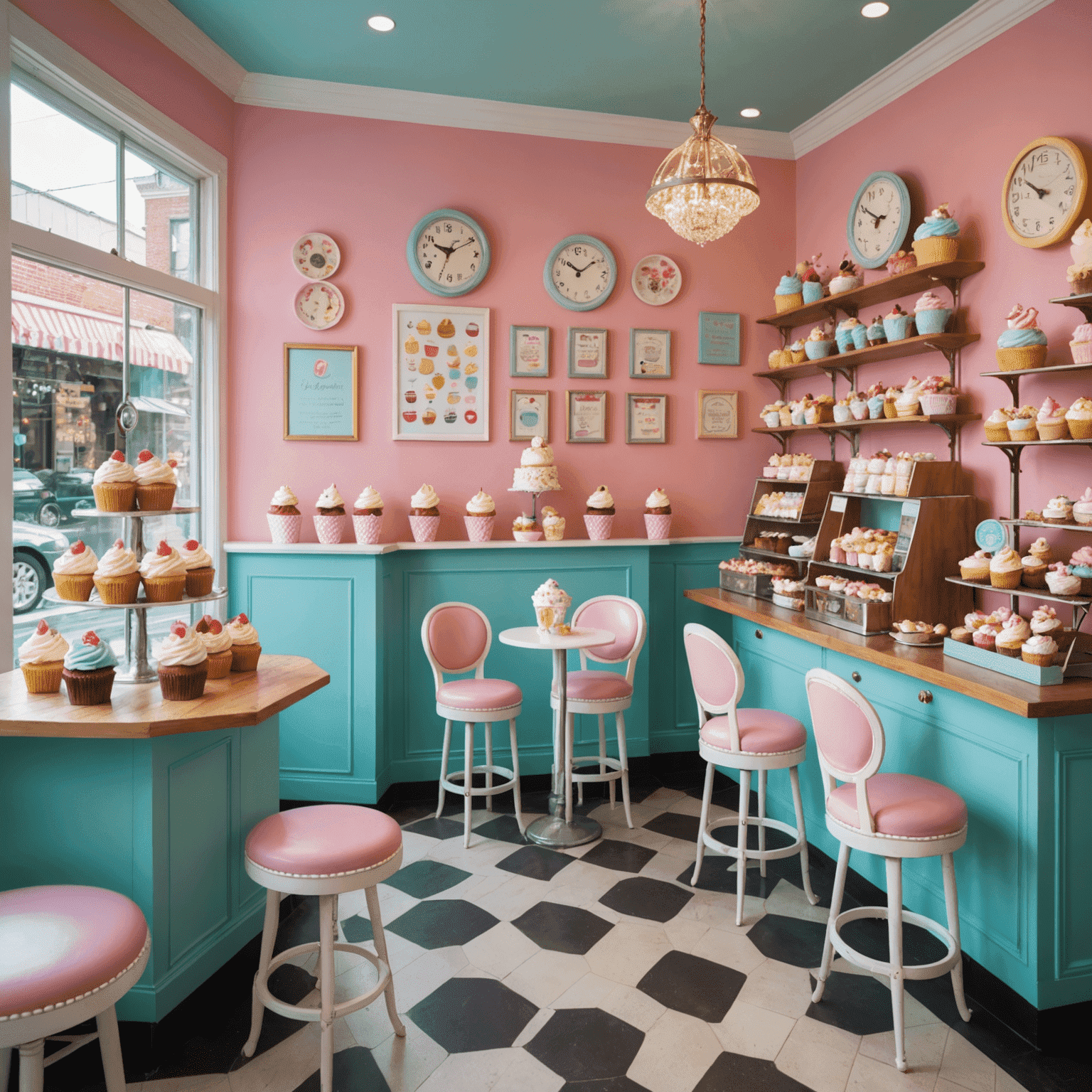 Heavenly Bites Cupcakery's whimsical interior with pastel-colored walls and a rotating display of beautifully decorated cupcakes. A small seating area with vintage-style chairs and tables for customers to enjoy their treats.