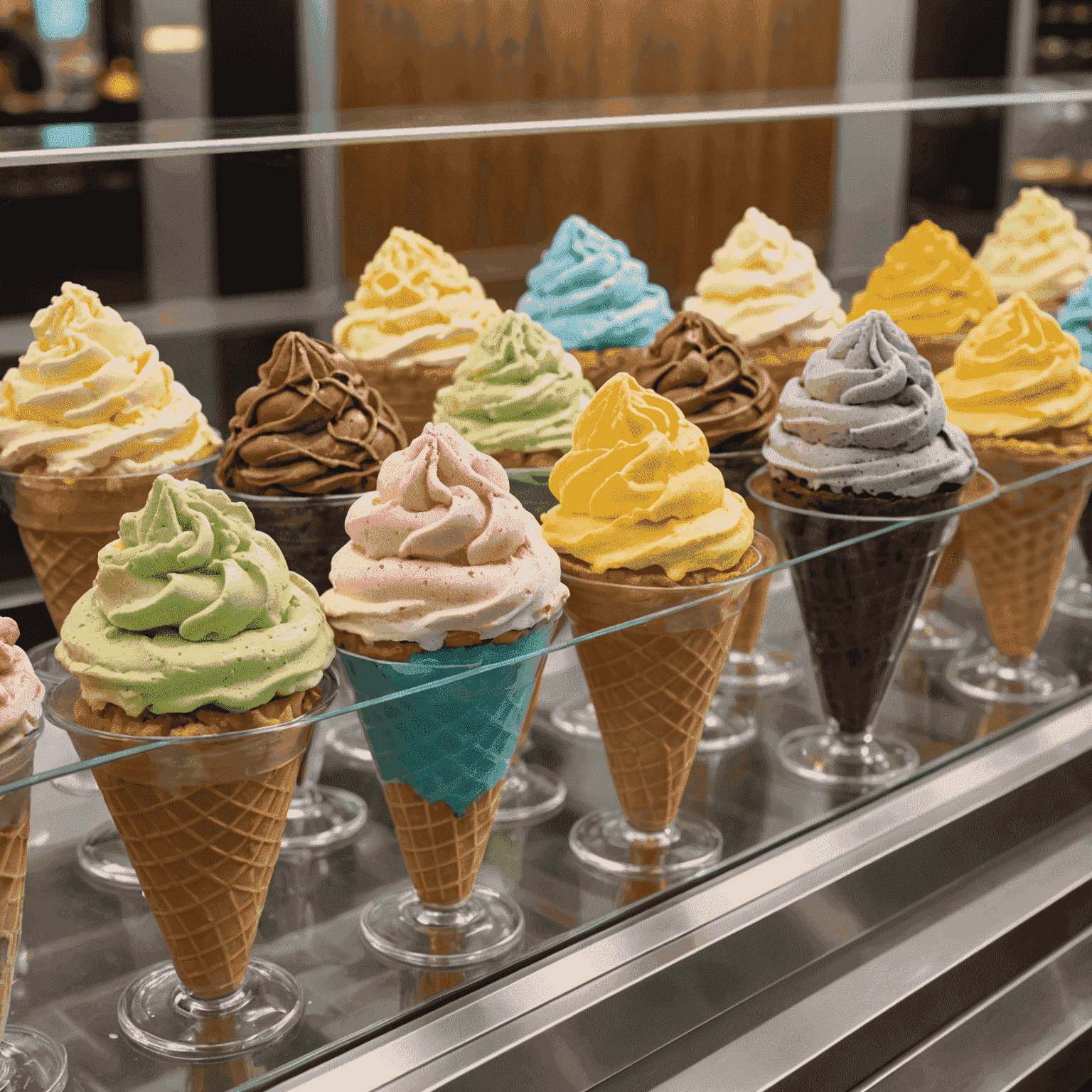 Scoops of colorful gelato in various flavors displayed in a glass case, with waffle cones stacked nearby