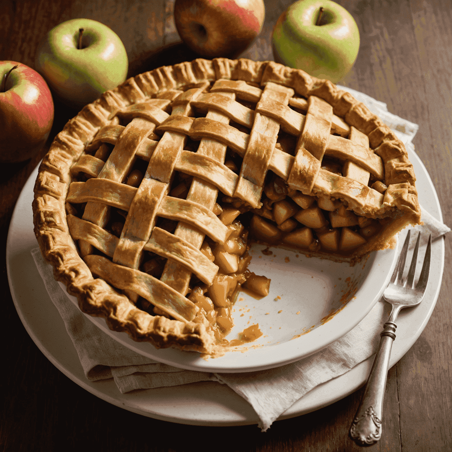 A golden-brown apple pie with a lattice top crust, steam rising from a freshly cut slice revealing the juicy apple filling